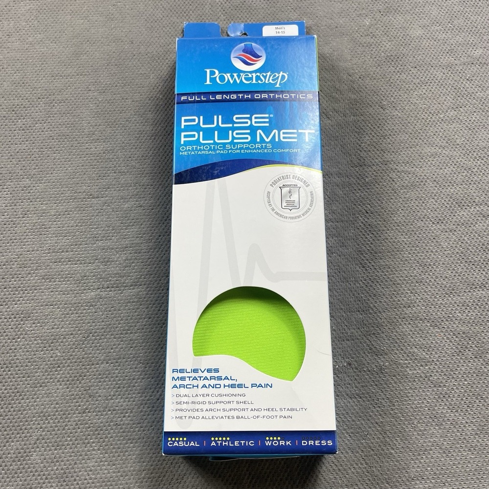 Powerstep Pulse Plus Met Insoles Mens 14-15 K Full Length Orthotics Support